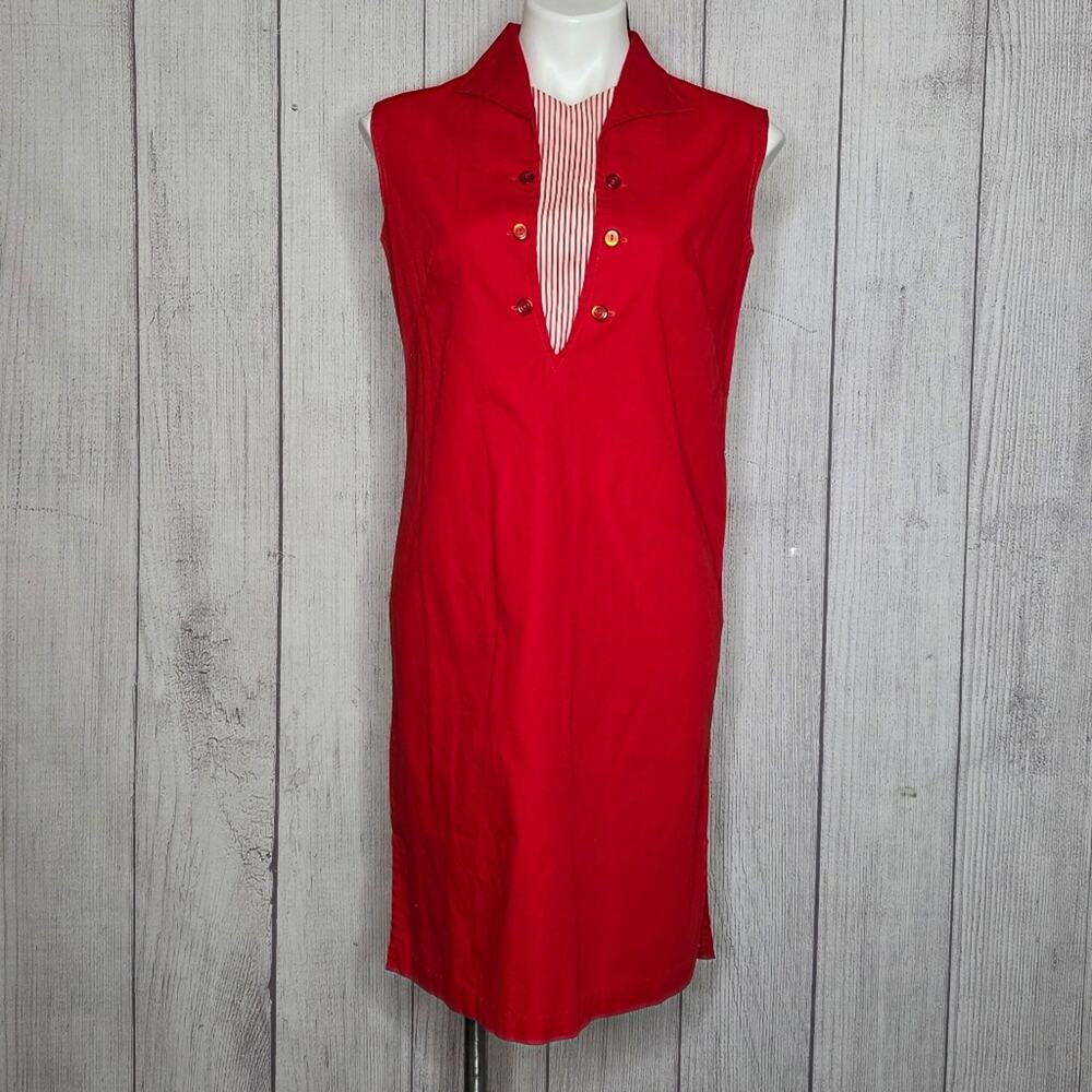 Vintage 60s Red Nautical Mod Dress Removable Stripe Bib Sailor Wiggle, Sz Medium